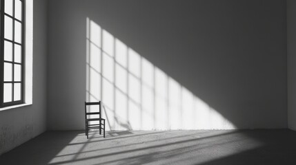 Obraz premium Sunlight streams into empty room, chair sits alone; design, interior