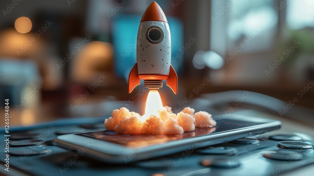 Aufkleber a whimsical scene of a rocket launching dramatically from a smartphone, creating a playful blend of 