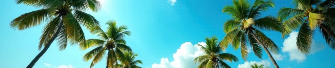 Obraz premium Lush palm trees sway gently under a vibrant blue sky , warmth, blue