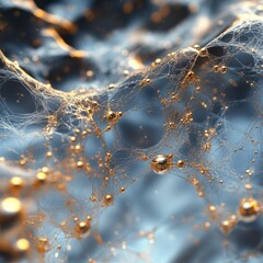 Golden spheres trapped in delicate blue web