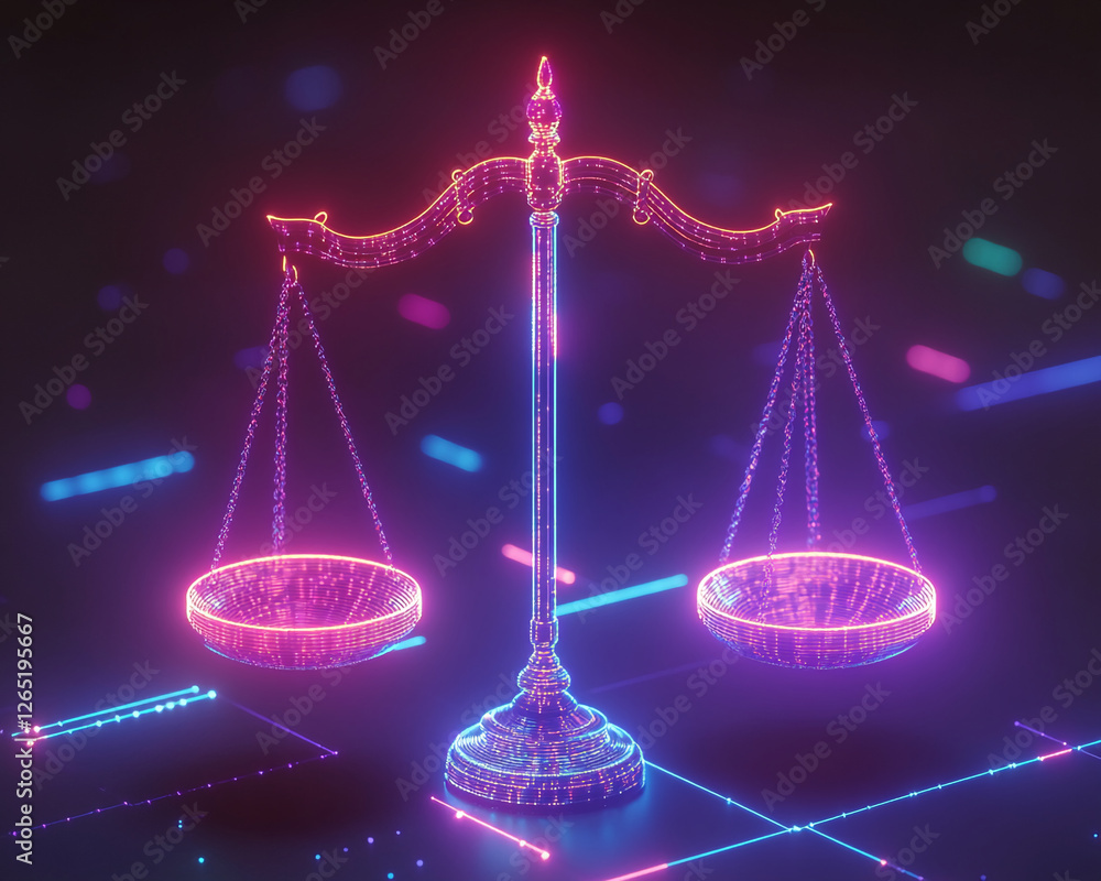Poster a glowing digital scale of justice in neon light, symbolizing balance and fairness in a futuristic w