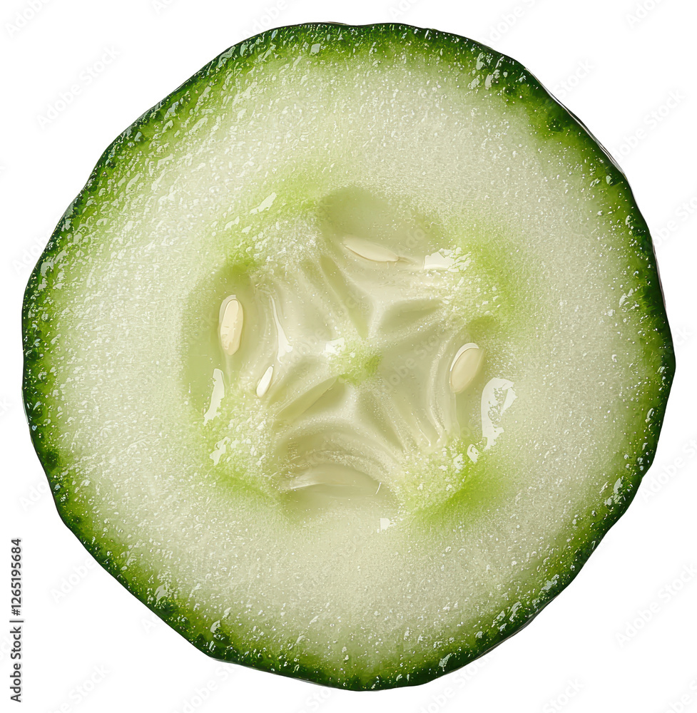Poster translucent cross section of a fresh green cucumber with seeds on transparent backdrop