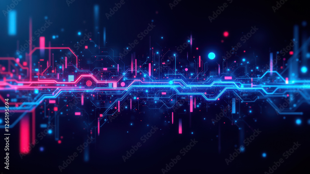 Poster dynamic abstract digital cloud with neon green and blue cybernetic patterns, symbolizing ci/cd, devo