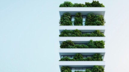 A modern building featuring multiple green terraces lush with plants, emphasizing sustainable architecture and urban greenery.