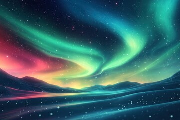 Obraz premium Aurora borealis illuminates snowy landscape, starry night.