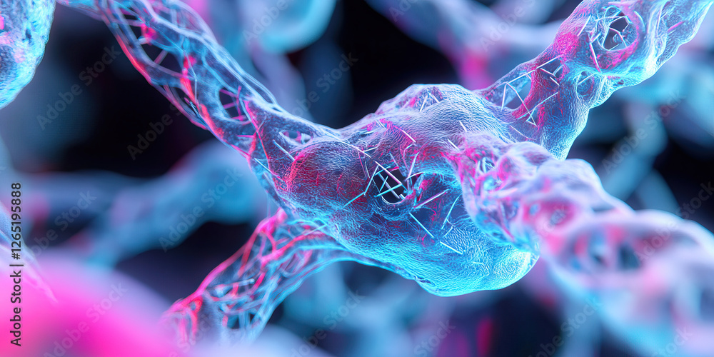 Poster digital rendering of a neuron with cyan and magenta highlights
