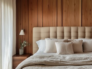 Beautiful bedroom showcases a plush upholstered headboard and linen bedding