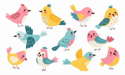 Set of cute cartoon birds in different colors, sitting or flying, on a white background, perfect for children's illustrations and designs.