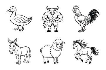 Farmyard Friends Line Art Bundle (Duck, Bull, Rooster, Donkey, Sheep, and Horse)