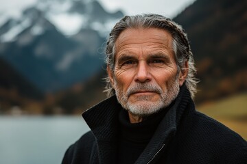 Mature man stands by serene lake surrounded by mountains during cloudy afternoon, exuding confidence and wisdom