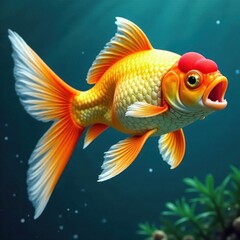 Fototapeta premium Single goldfish with open mouth, dynamic underwater pose, painted detail , vibrant colors, beautiful