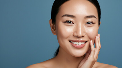 Skincare. In this portrait, a woman with an exquisite face is seen touching her healthy facial skin. The lovely smiling Asian model, with her natural makeup, emphasizes her glowing and well-hydrated