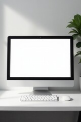 Fototapeta premium Sleek modern PC, blank white screen Minimalist grey backdrop , workspace, display