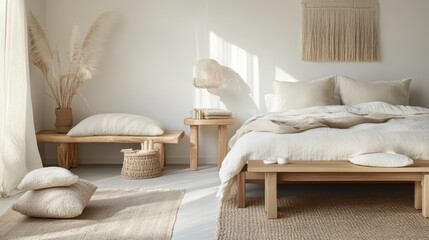 Bright bedroom features natural wood furniture and neutral color palette