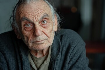 Expressions of wisdom captured in an elderly man's gaze during a quiet moment at home