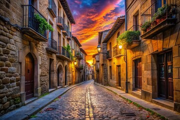Fototapeta premium Surreal Sunset over Narrow Street, Laguardia, Spain - September 2024