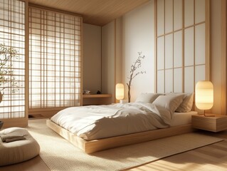 Peaceful japanese bedroom scene illuminated with natural light ambience