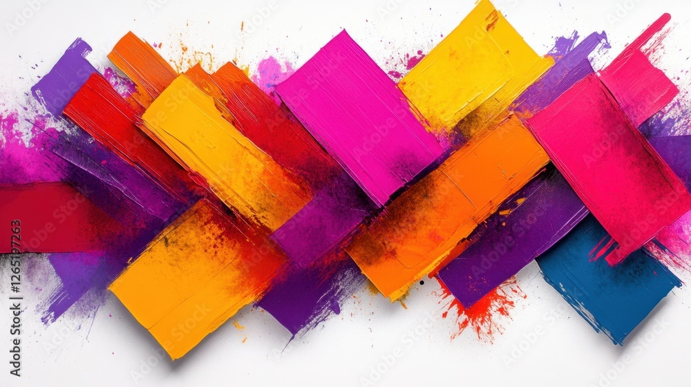Poster vibrant abstract painting with a textured surface, featuring a dynamic composition of overlapping re
