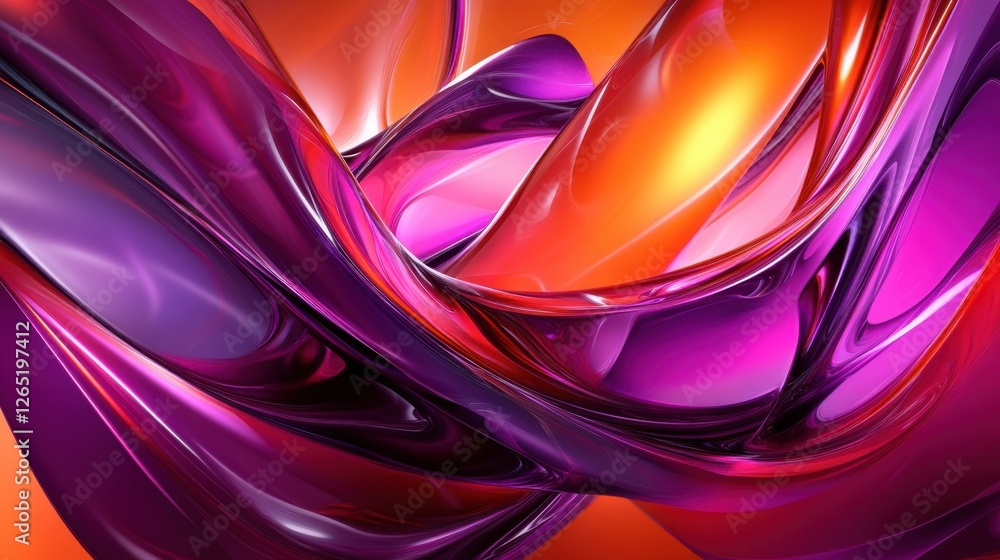 Aufkleber an abstract composition features a swirling, reflective purple and orange form against a gradient or