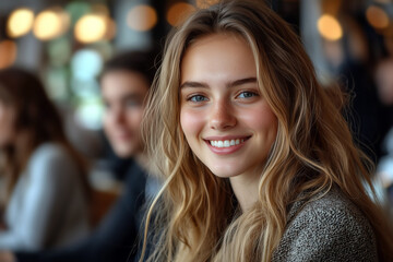 Radiant young woman with warm smile capturing joyful expression and natural beauty in softly lit setting