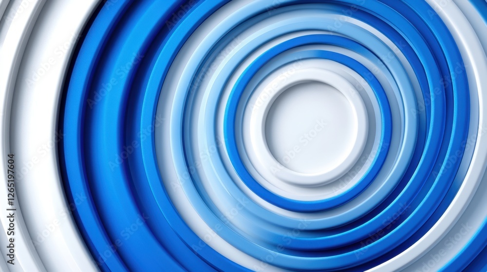 Poster close-up, angled view of a 3d-rendered concentric circle pattern in shades of blue and white, creati