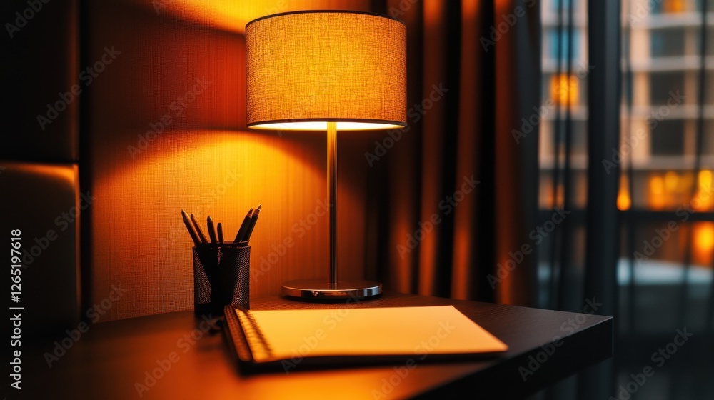 Poster a warm-toned table lamp with a beige drum shade illuminates a dark desk with stationery, creating a 