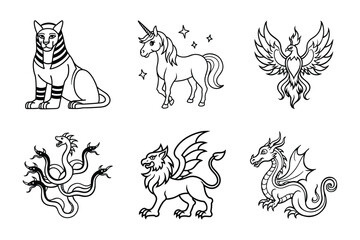Mythical Beasts Line Art Bundle ( Sphinx, Unicorn, Phoenix, Hydra, Griffin, and Dragon )