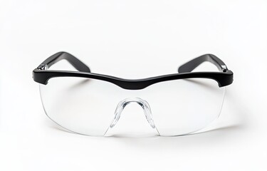 A detailed image of protective glasses featuring a black plastic frame against a white background
