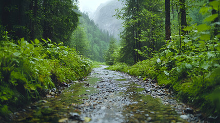 Obraz premium Rainy mountain stream path, lush forest. Nature scene, travel, background
