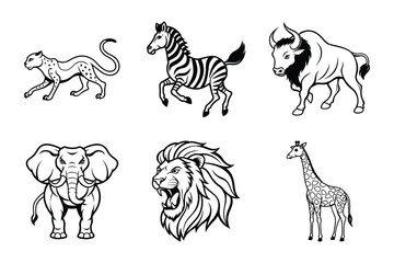 African Savannah Animals Line Art Bundle (Cheetah, Zebra, Buffalo, Elephant, Lion, and Giraffe )