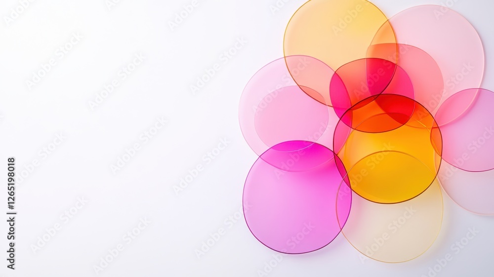 Poster a vibrant arrangement of translucent colored circles overlaps on a white background, creating a spec