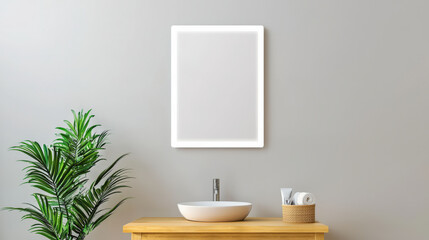 A minimalist bathroom scene featuring a wall-mounted mirror, a sleek sink, and a decorative plant on a wooden countertop.