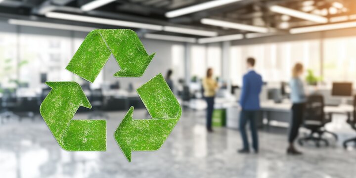 Promoting sustainability in workplace with vibrant recycling emblem Eco conscious office practices support greener future