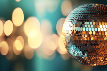 Obraz premium Golden Disco Ball with Blurred Bokeh Party Lights in Background
