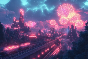 Obraz premium Futuristic city train, fireworks, nighttime, pink, vibrant.