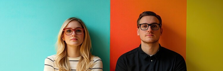 Obraz premium A wide-angle image featuring a man and a stylish girl in glasses, set against a grey backdrop