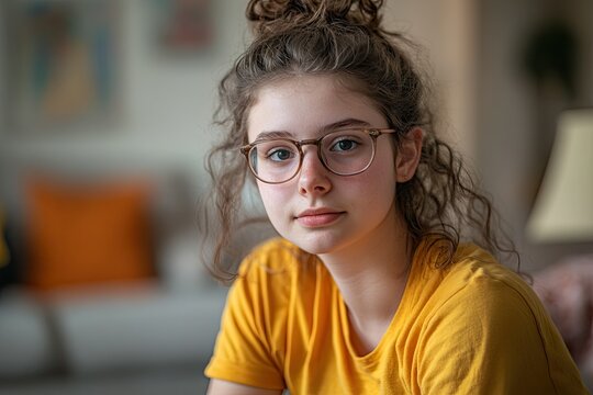 The girl, who has glasses on, directs a smile to the camera as a student engages in an online conversation, suggesting a virtual classroom or learning environment at home from a wide-angle