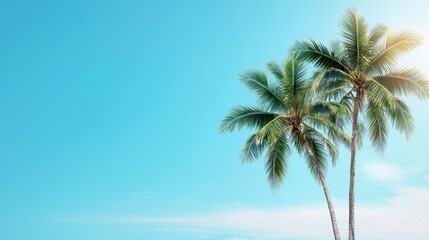 Two palm trees stand against a bright blue sky, evoking a tropical paradise and a sense of tranquility.