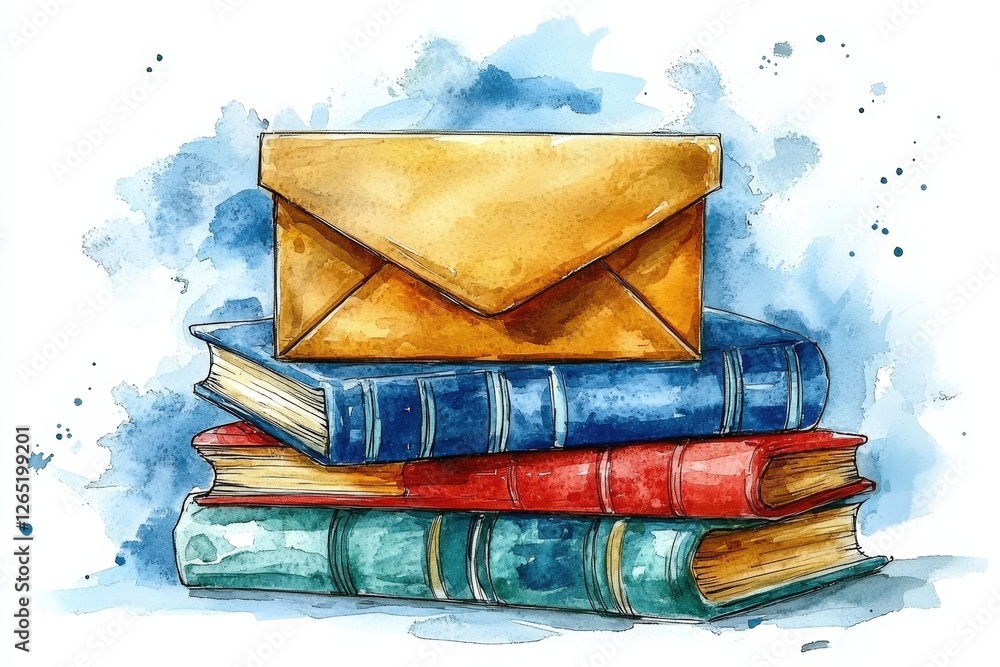 Poster a stack of colorful books with a classic envelope resting on top, symbolizing knowledge and communic