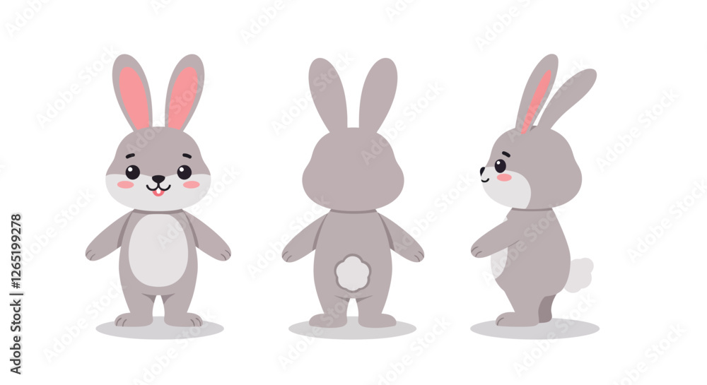 Poster the character transitions from a smiling front view to a side view and a back view.