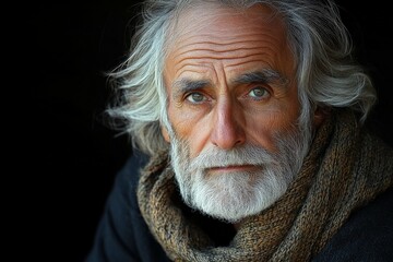Elderly man with silver hair and beard wearing a scarf shows deep expression during winter in a cozy indoor environment