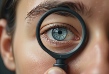 Person observing altered reality through magnifying glass, perception shift