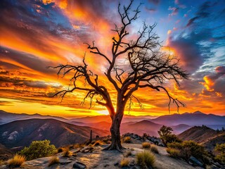 Obraz premium Silhouette Fire Damaged Tree Landscape AI Photo, Dramatic Landscape, Burnt Tree, Nature, Ashes, Forest Fire, Silhouette Photography, Dusk, Sunrise, Mountain, Valley