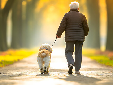 Elderly man walking dog on sunlit tree lined path in autumn morning