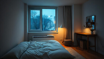 Minimalist Winter Bedroom, Cozy Snowy Night Stay, Serene Winter Retreat, Snowy View Bedroom