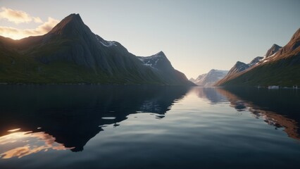  Serene mountain landscape reflecting in tranquil waters under a soft morning light