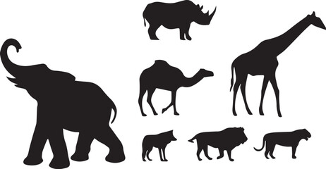 Silhouettes of Wild Animals: Rhino, Giraffe, Elephant, Camel, Wolf, Tiger, Lion