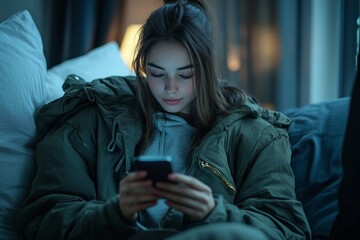 Young woman lying in bed and using smartphone, can not sleep, scrolling through social networks or texting late at night in dark bedroom, free space