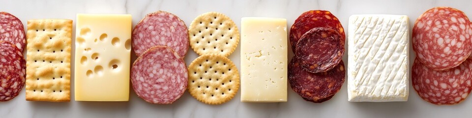 Obraz premium Overhead view of various cheeses, cured meats, and crackers displayed on a marble background.