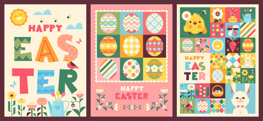 Set of Vector greeting cards concept. Happy Easter. Cute geometric style. Chicken, eggs, flowers, spring, decor, rabbits, bunnies, ribbons.